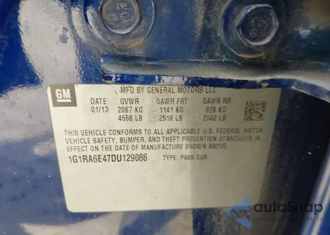 2013 Chevrolet Volt из США, поврежденный, VIN 1G1RA6E47DU129086